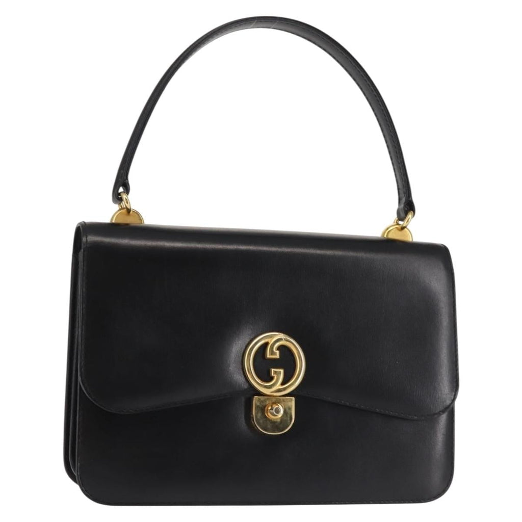 Gucci 1973 Flap Top Handle Bag Leather Black Leather Handbag (Authentic  )