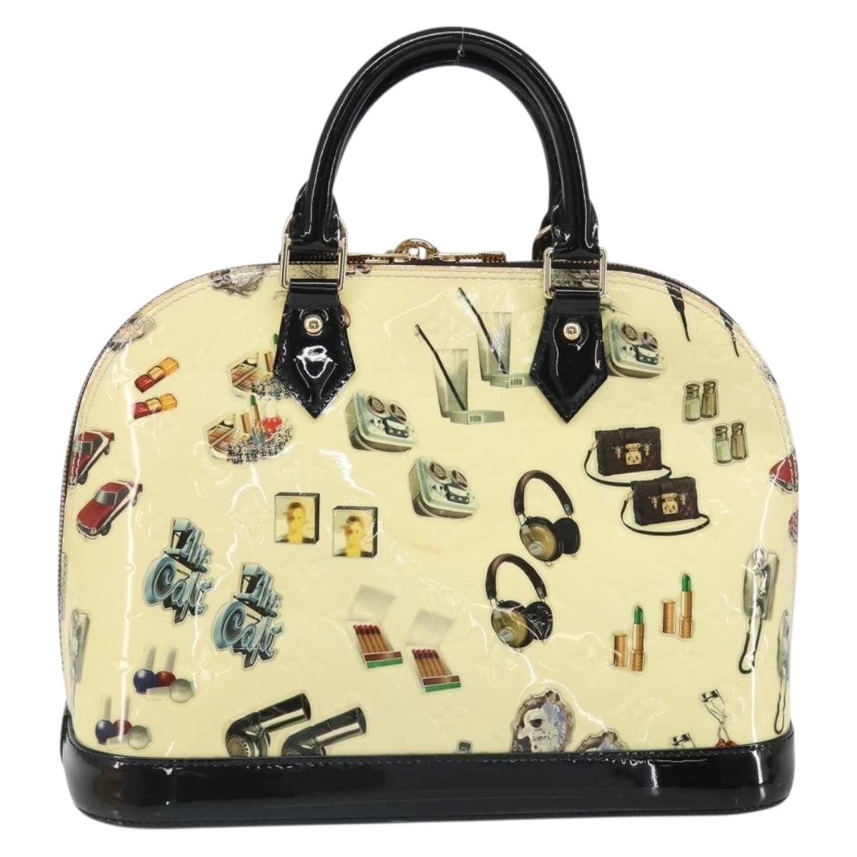 Louis Vuitton Alma Handbag Limited Edition Stickers Monogram Vernis White Patent_Leather Handbag (Authentic  )