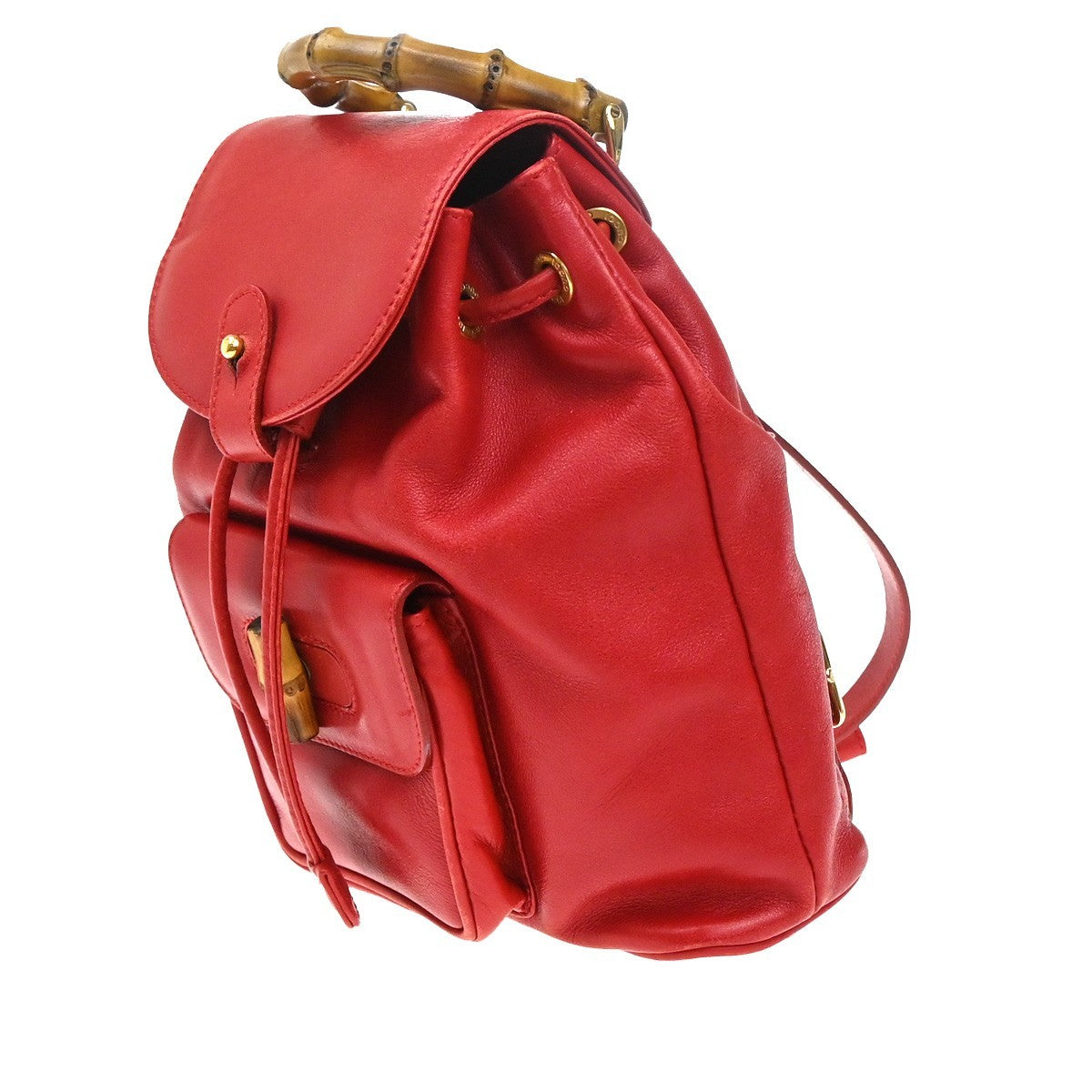 Gucci Vintage Bamboo Backpack Leather Red Leather Backpack Bag (Authentic  )