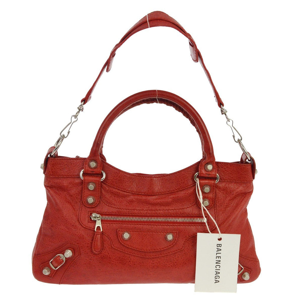 Balenciaga City Giant Studs Bag Leather Red Leather Handbag ( )