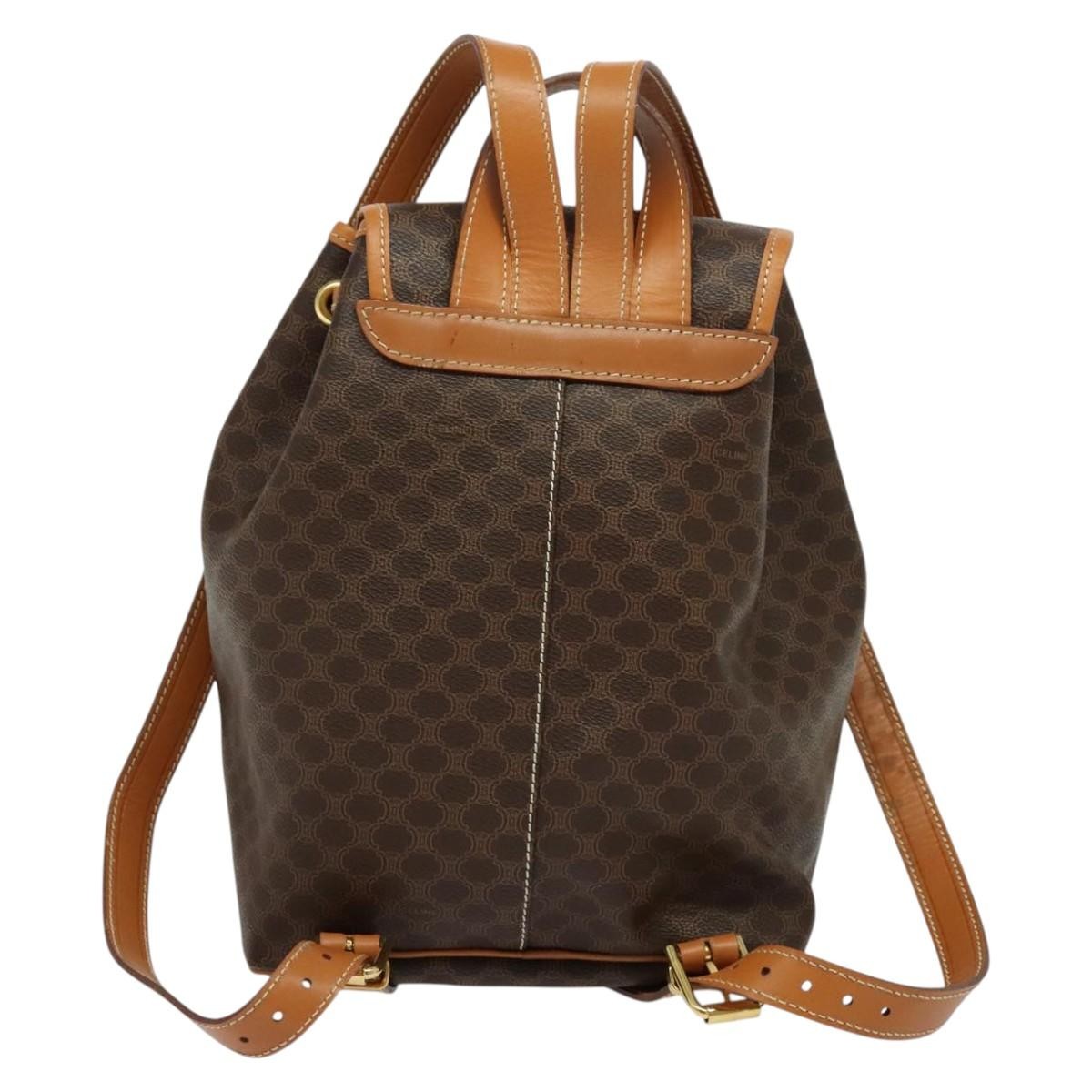 Celine Vintage Macadam Backpack Canvas And Leather Brown Pvc Backpack Bag (Authentic  )