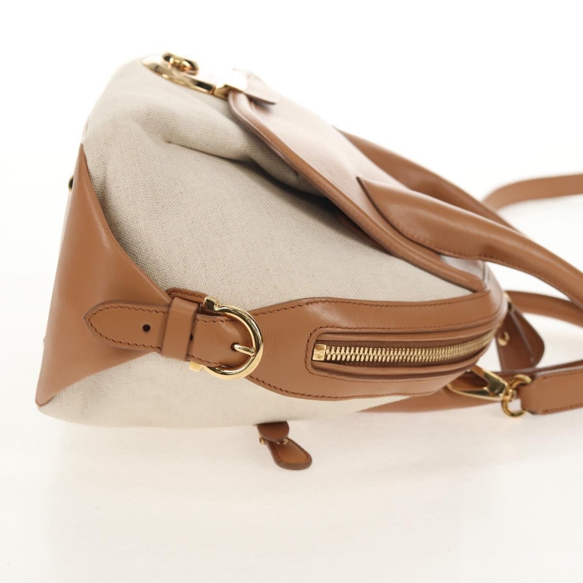 Salvatore Ferragamo Vintage Fiamma Satchel Canvas And Leather Beige Canvas Handbag (Authentic  )
