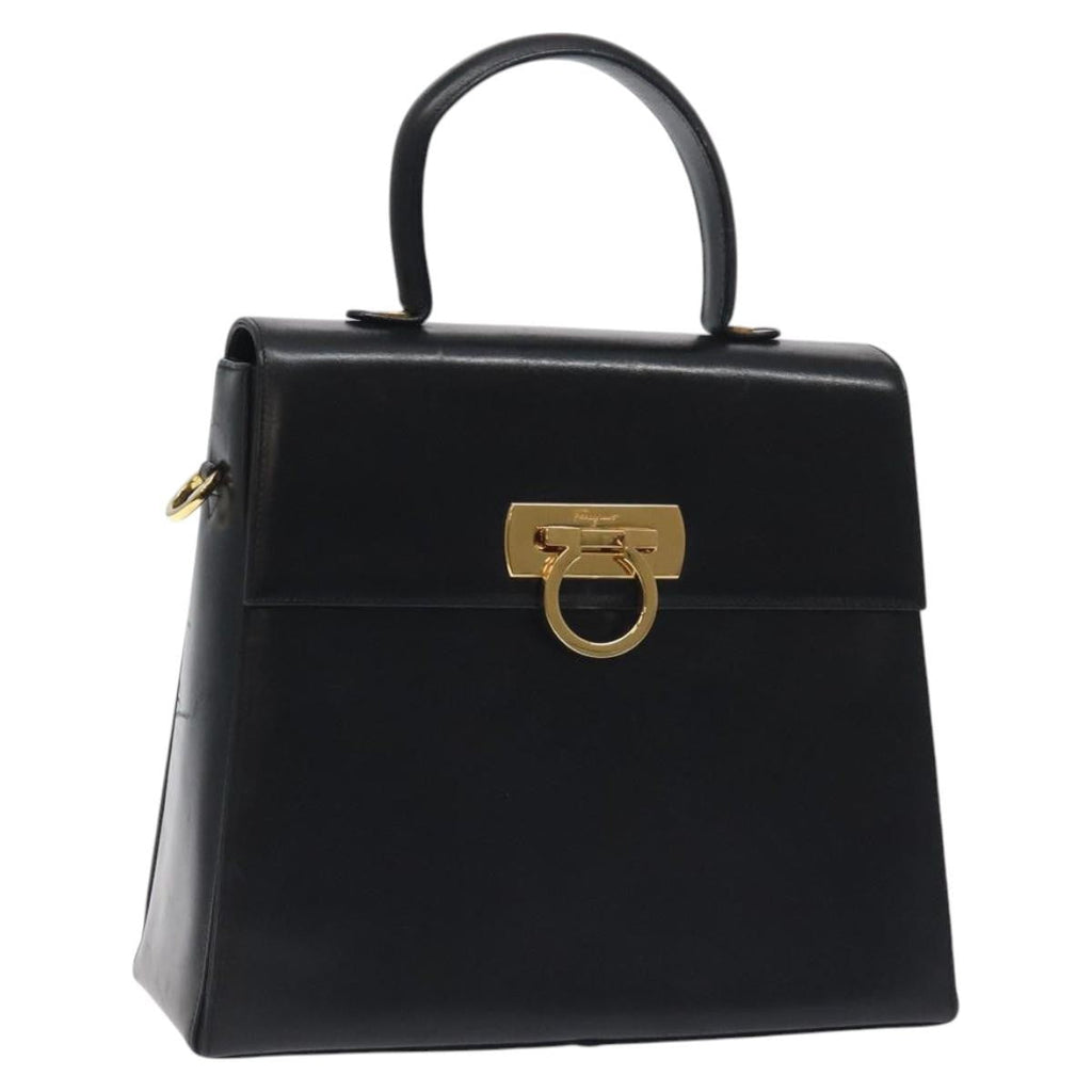 Salvatore Ferragamo Convertible Top Handle Bag Leather Black Leather Handbag (Authentic  )