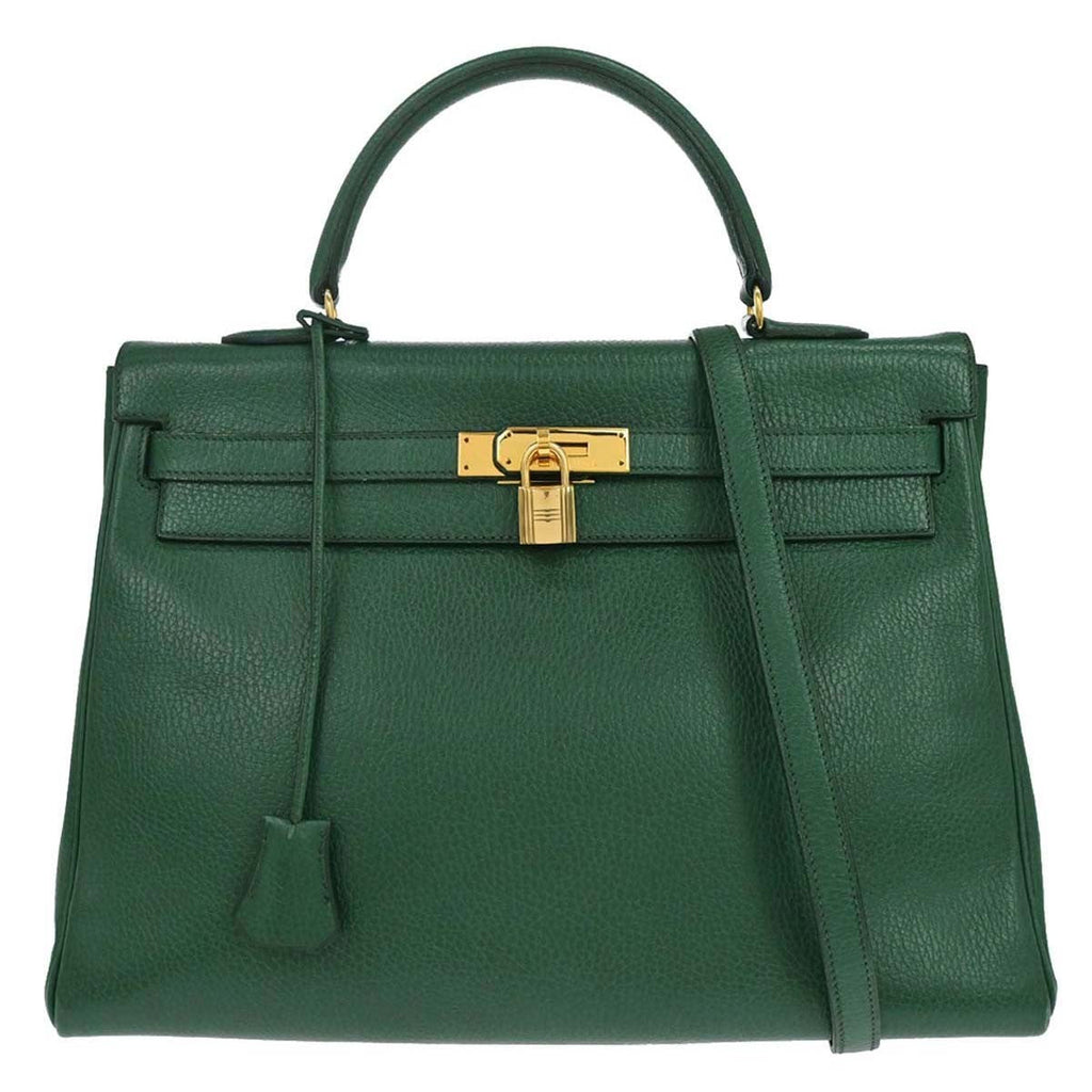 Hermes Kelly 2 Way Taurillon Clemence Green Leather Handbag ( )