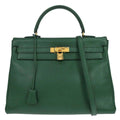 Hermes Kelly 2 Way Taurillon Clemence Green Leather Handbag ( )