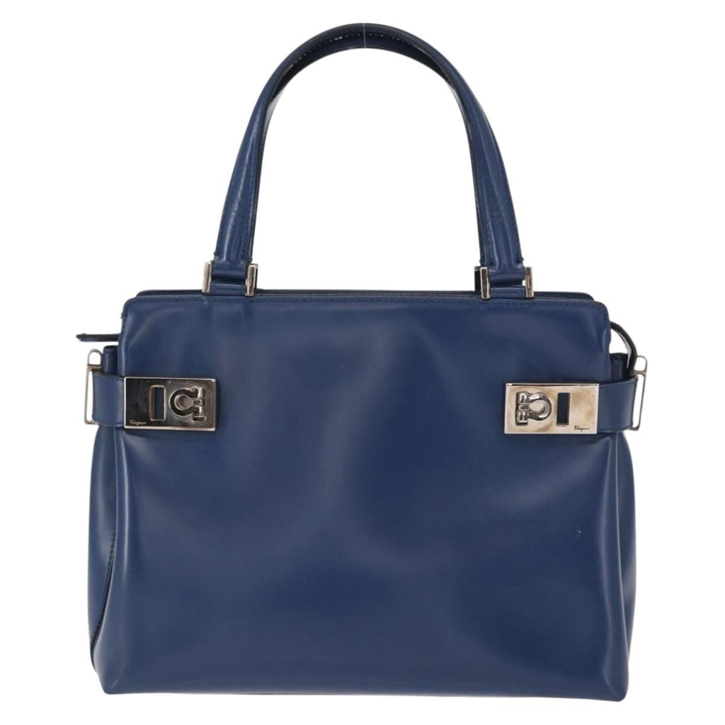 Salvatore Ferragamo Double Gancini Side Buckle Tote Leather Blue Leather Handbag (Authentic  )