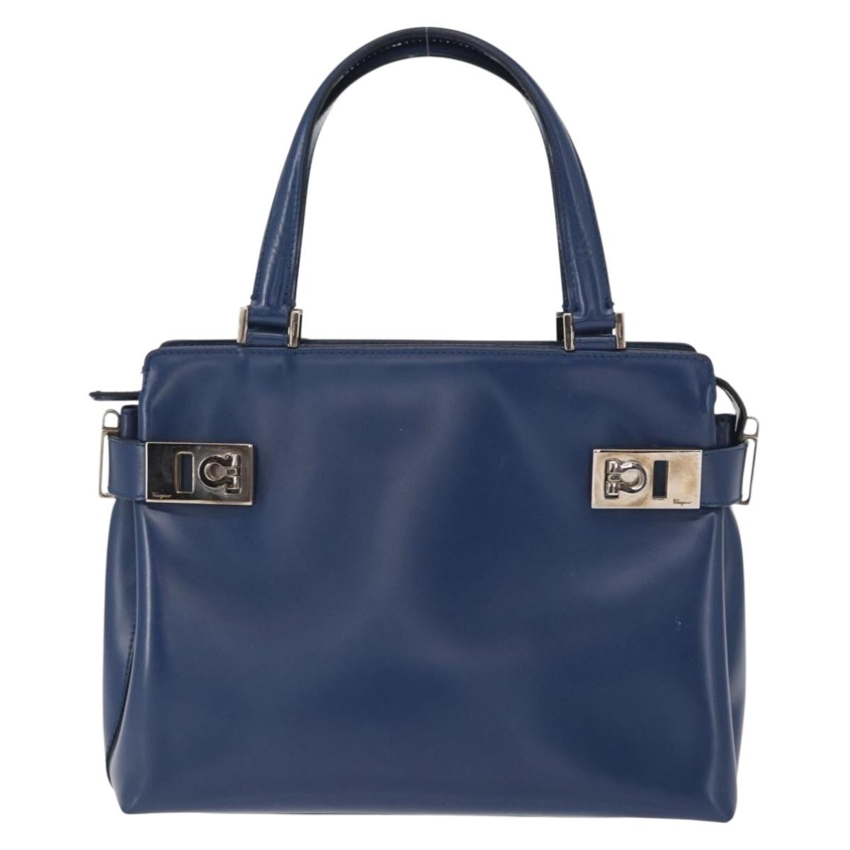 Salvatore Ferragamo Double Gancini Side Buckle Tote Leather Blue Leather Handbag (Authentic  )
