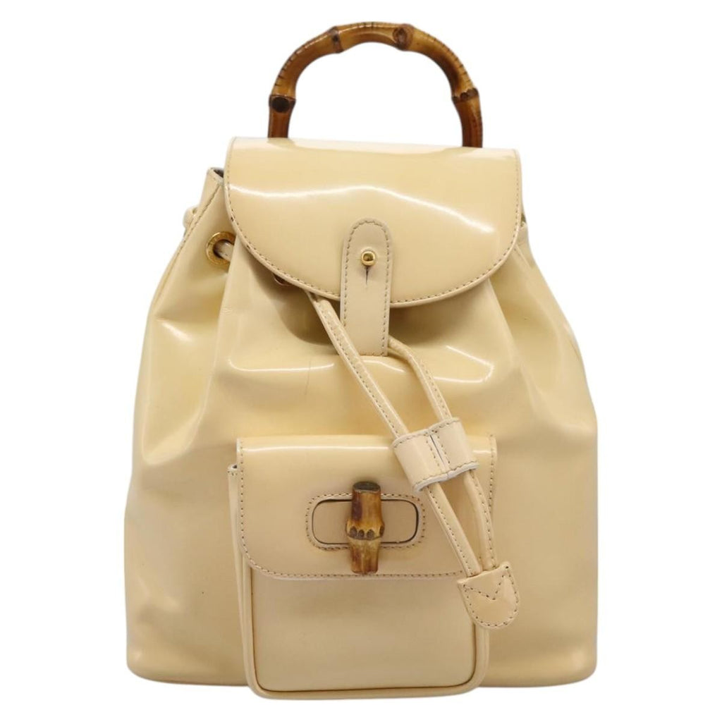 Gucci Vintage Bamboo Backpack Patent Beige Patent_Leather Backpack Bag (Authentic  )