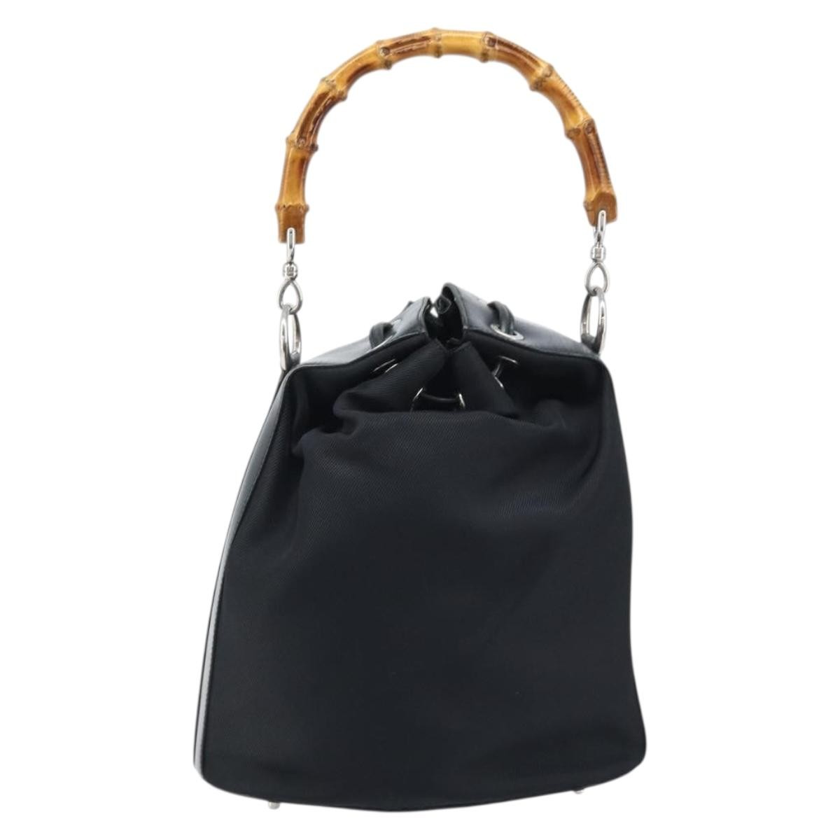 Gucci Vintage Bamboo Bucket Bag Nylon And Leather Black Nylon Handbag (Authentic  )