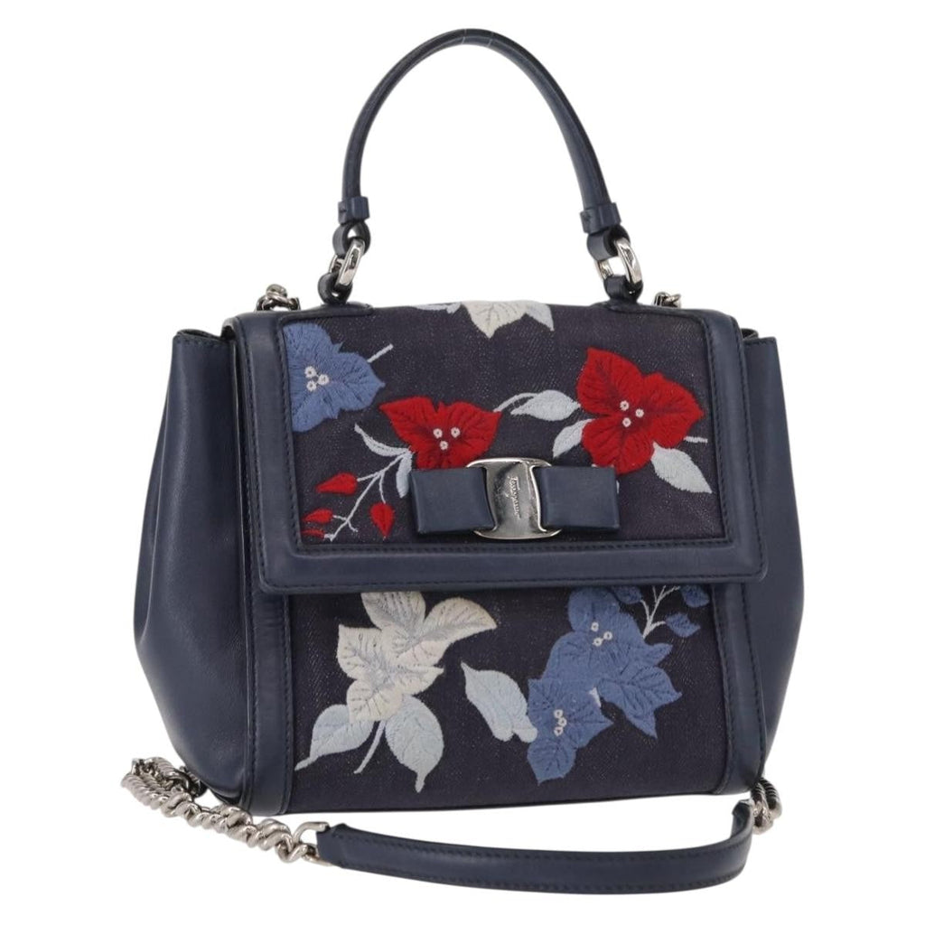 Salvatore Ferragamo Vala Handbag Leather Navy Denim_Jeans Handbag (Authentic  )