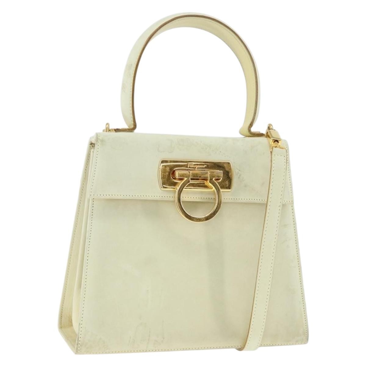 Salvatore Ferragamo Gancini Convertible Top Handle Bag Suede Beige Suede Handbag (Authentic  )