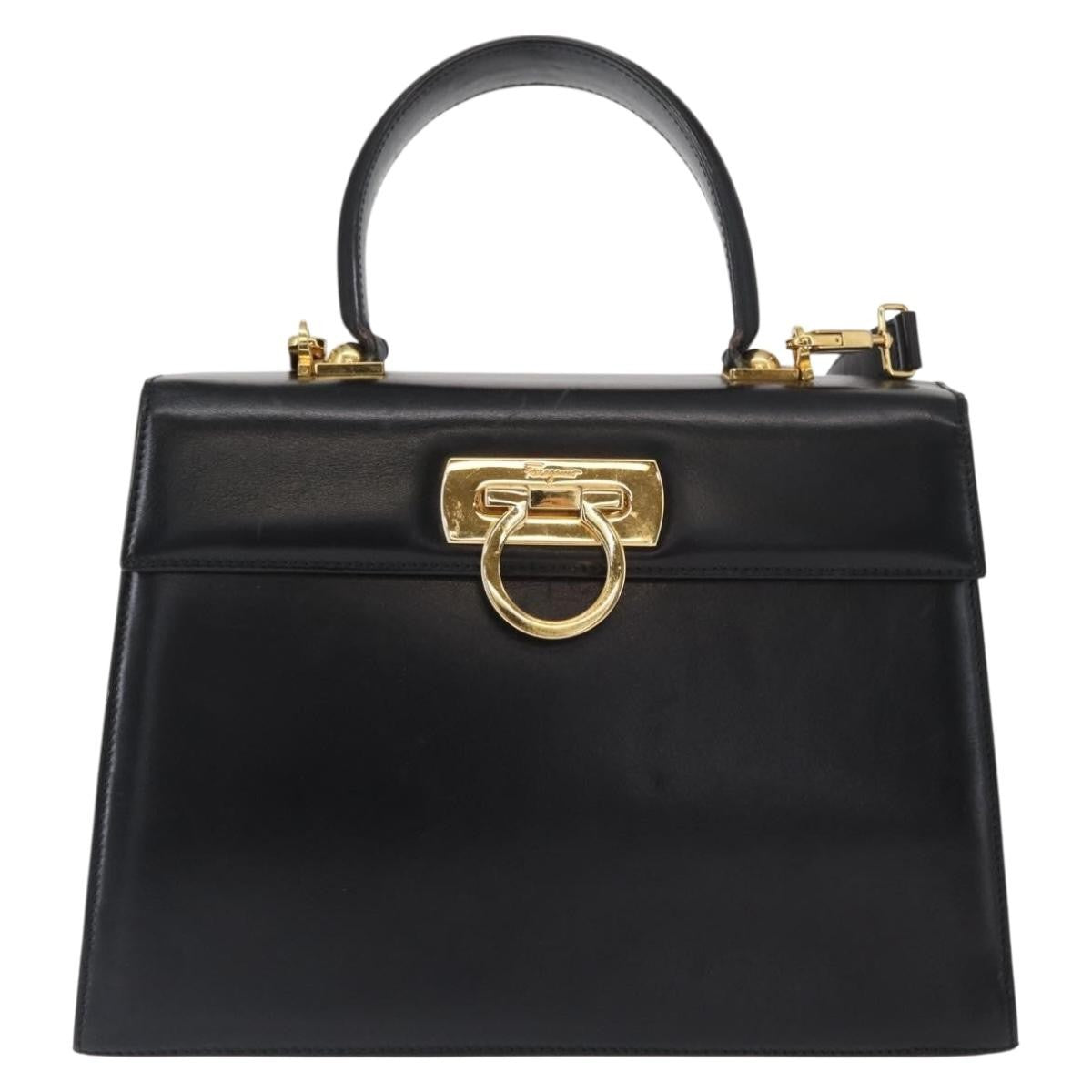 Salvatore Ferragamo Convertible Top Handle Bag Leather Black Leather Handbag (Authentic  )