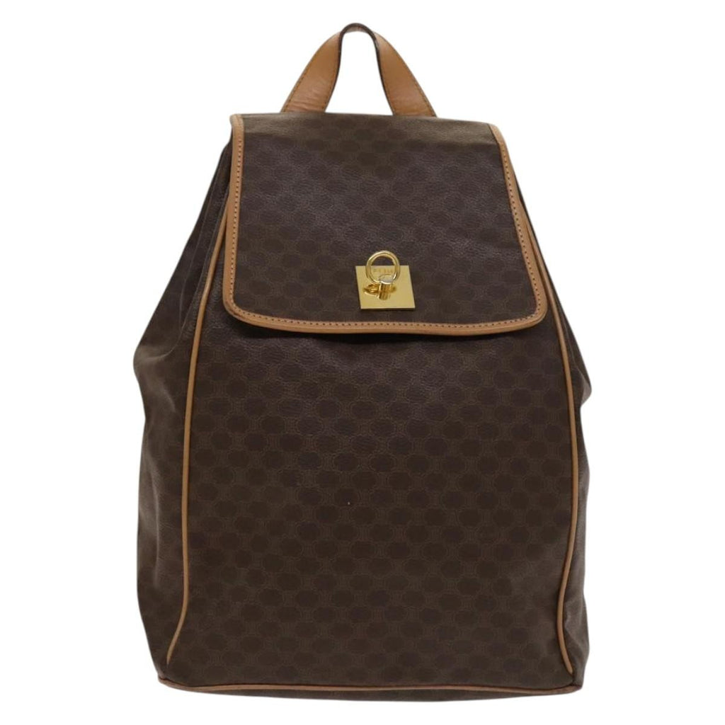 Celine Vintage Drawstring Flap Backpack Macadam Coated Canvas Brown Canvas Backpack Bag (Authentic  )