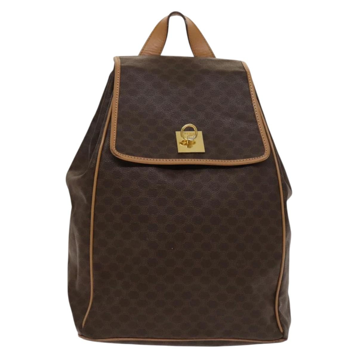Celine Vintage Drawstring Flap Backpack Macadam Coated Canvas Brown Canvas Backpack Bag (Authentic  )