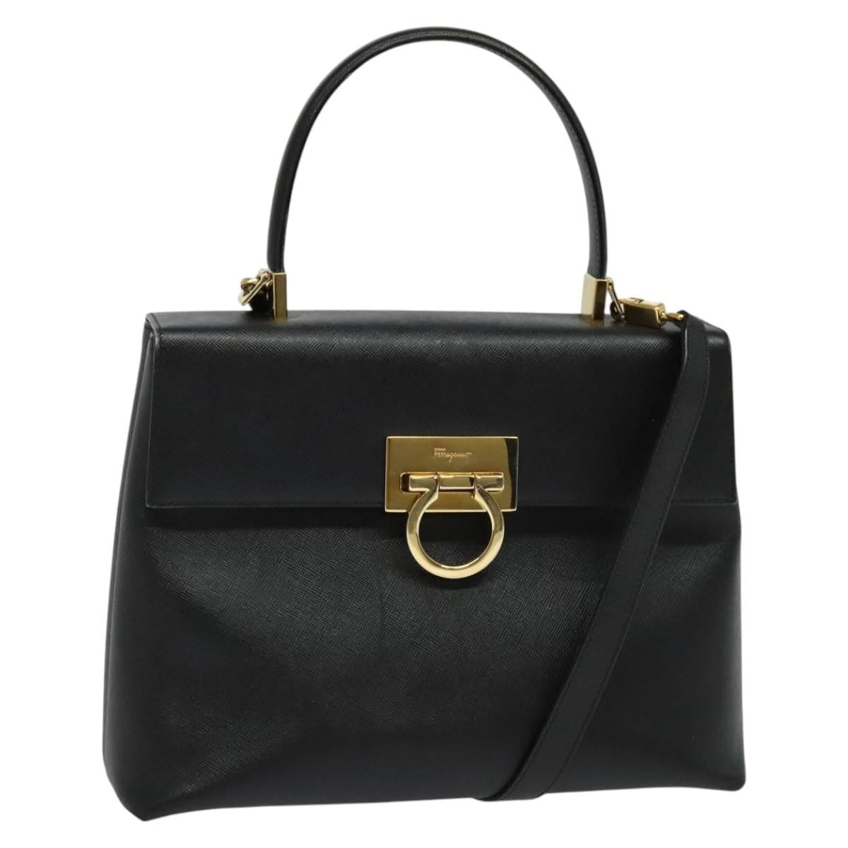 Salvatore Ferragamo Gancini Convertible Top Handle Bag Leather Black Leather Handbag (Authentic  )