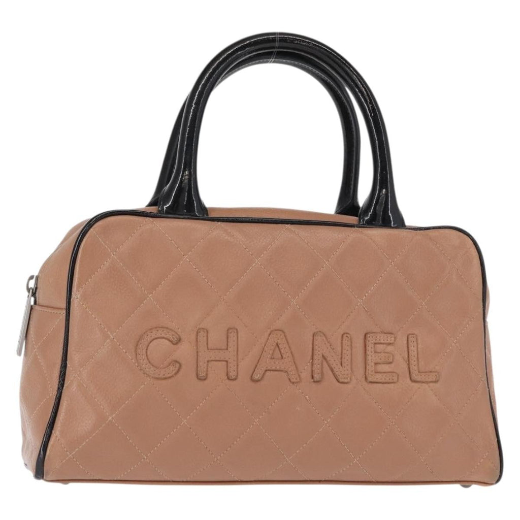 Chanel Embossed Logo Bowler Bag Quilted Caviar Beige Leather Handbag (Authentic  )