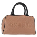 Chanel Embossed Logo Bowler Bag Quilted Caviar Beige Leather Handbag (Authentic  )