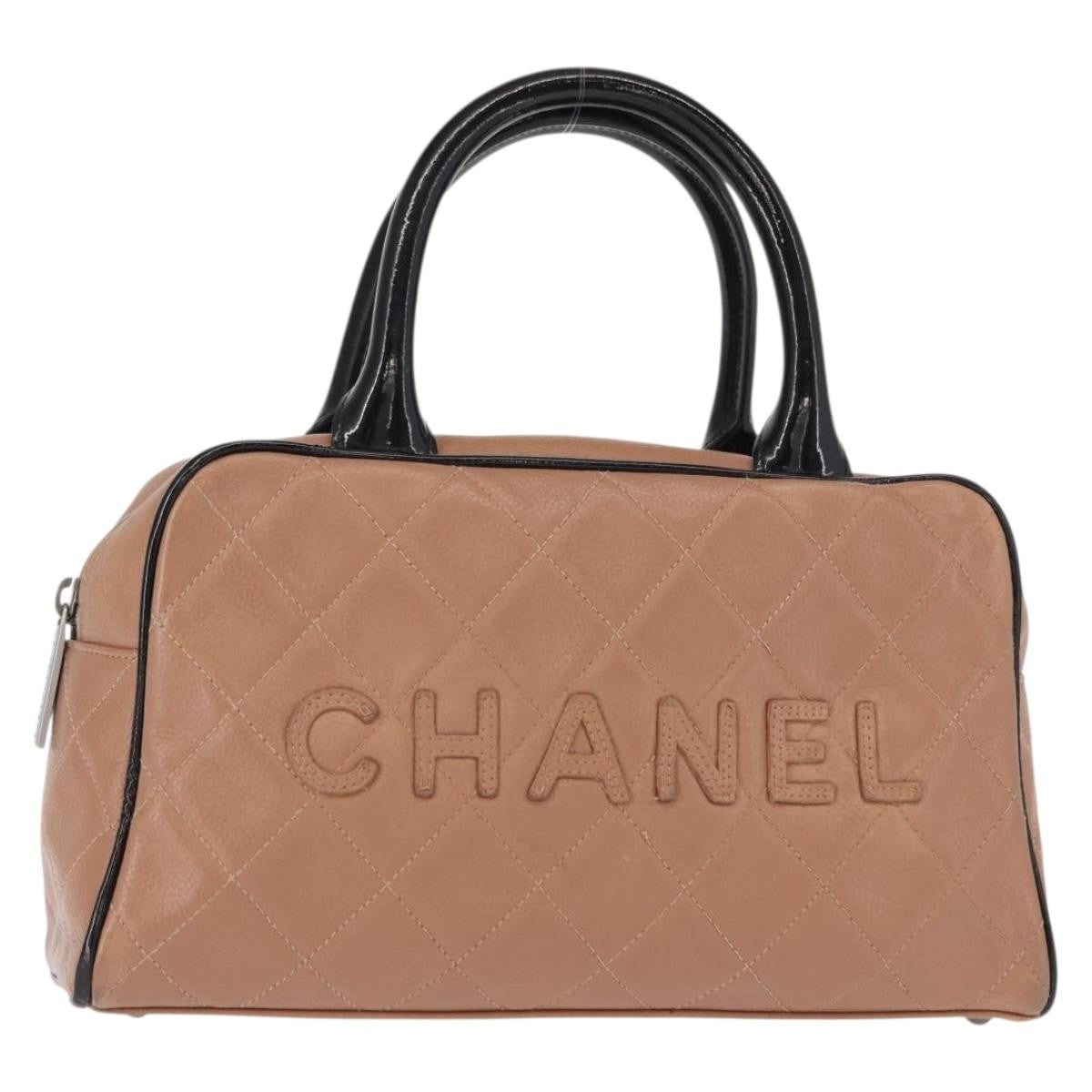 Chanel Embossed Logo Bowler Bag Quilted Caviar Beige Leather Handbag (Authentic  )