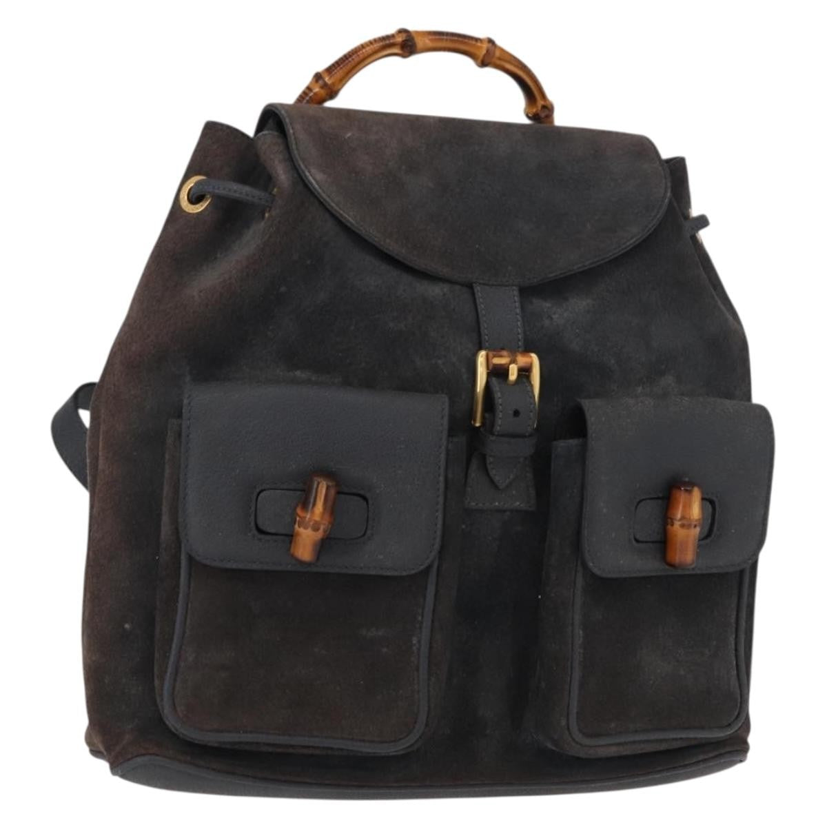 Gucci Vintage Bamboo Backpack Suede Navy Suede Backpack Bag (Authentic  )