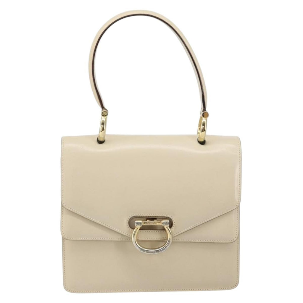 Celine Vintage Top Handle Bag Glazed Leather Ecru Leather Handbag (Authentic  )