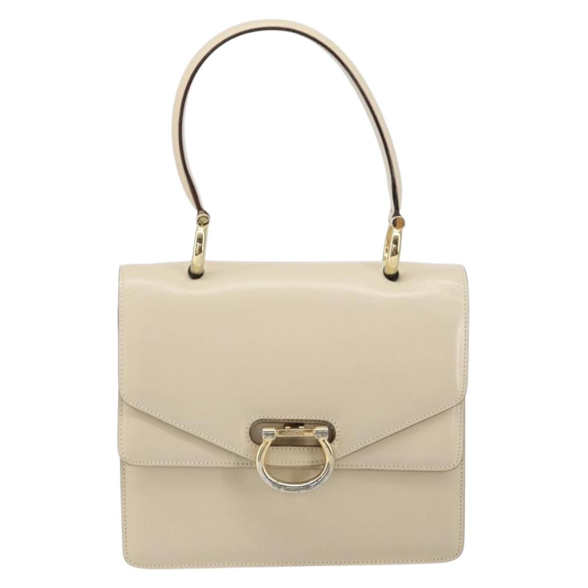 Celine Vintage Top Handle Bag Glazed Leather Ecru Leather Handbag (Authentic  )