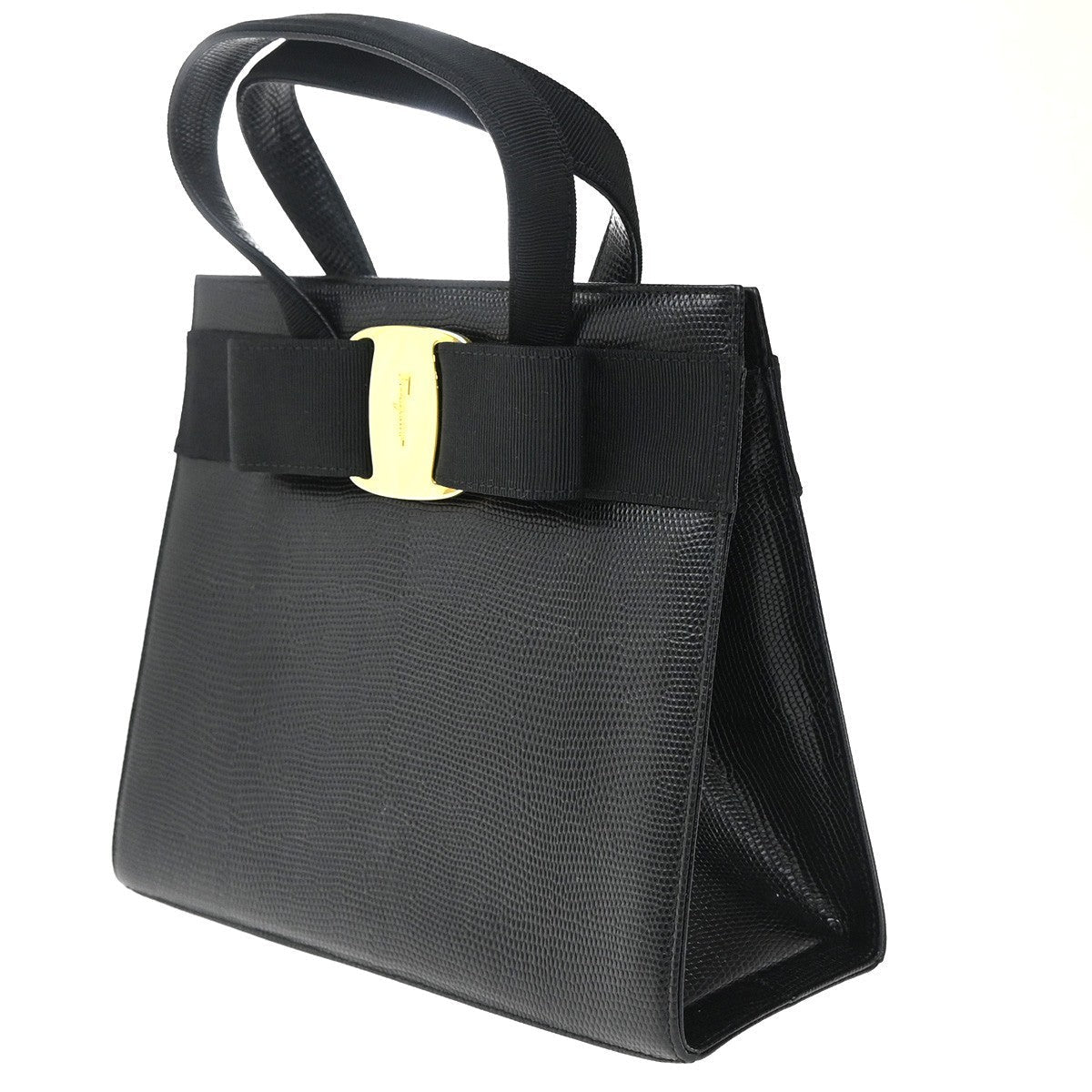 Salvatore Ferragamo Convertible Vara Bow Tote Lizard Embossed Leather Black Leather Handbag (Authentic  )