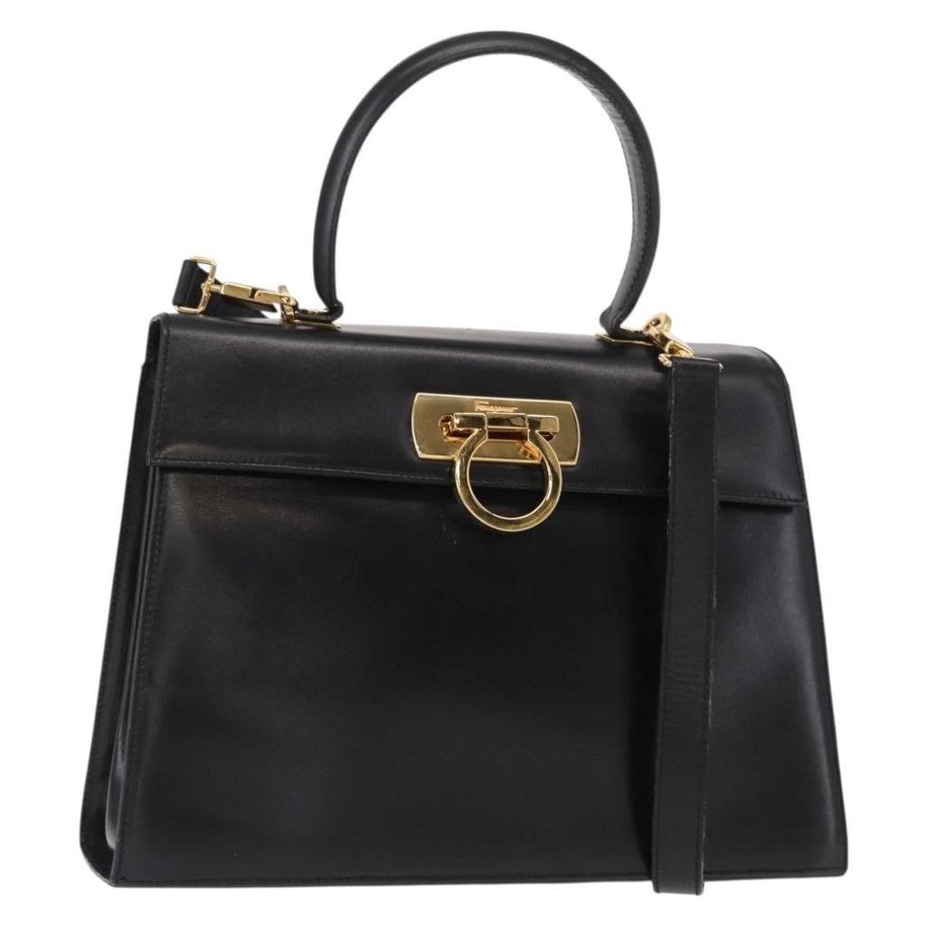 Salvatore Ferragamo Convertible Top Handle Bag Leather Black Leather Handbag (Authentic  )