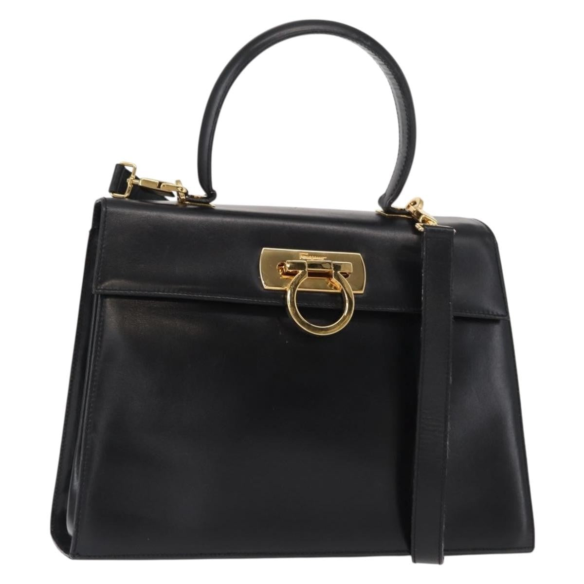 Salvatore Ferragamo Convertible Top Handle Bag Leather Black Leather Handbag (Authentic  )