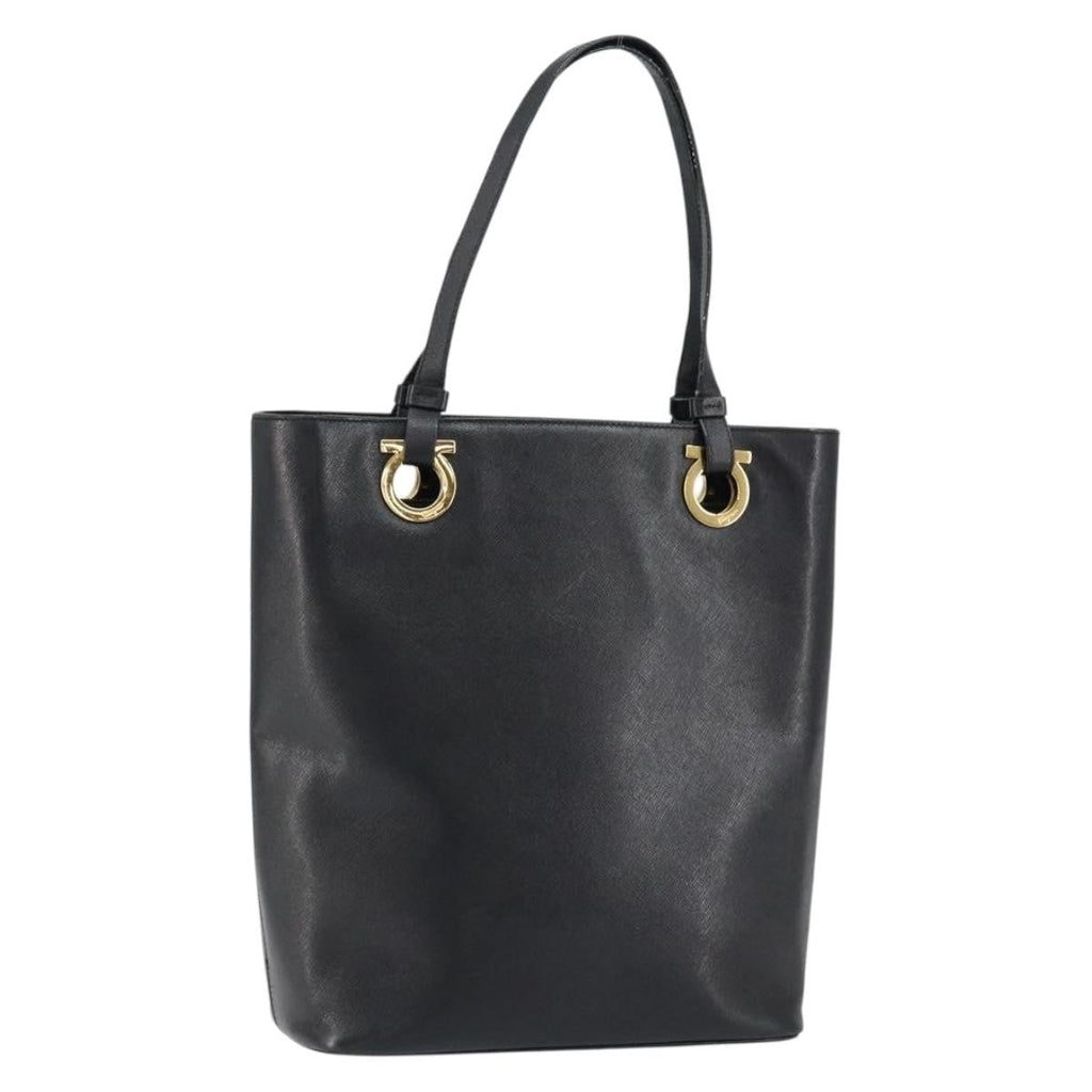 Salvatore Ferragamo Gancini Handbag Leather Black Leather Handbag (Authentic  )