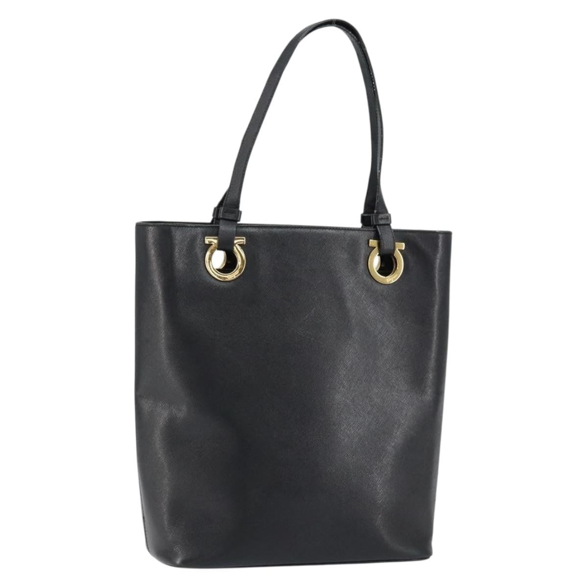 Salvatore Ferragamo Gancini Handbag Leather Black Leather Handbag (Authentic  )