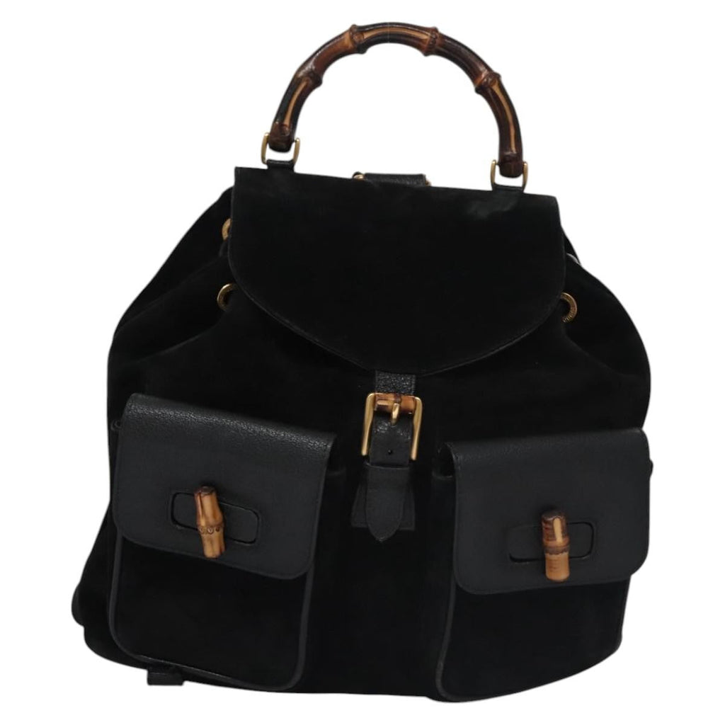 Gucci Vintage Bamboo Backpack Suede Black Suede Backpack Bag (Authentic  )