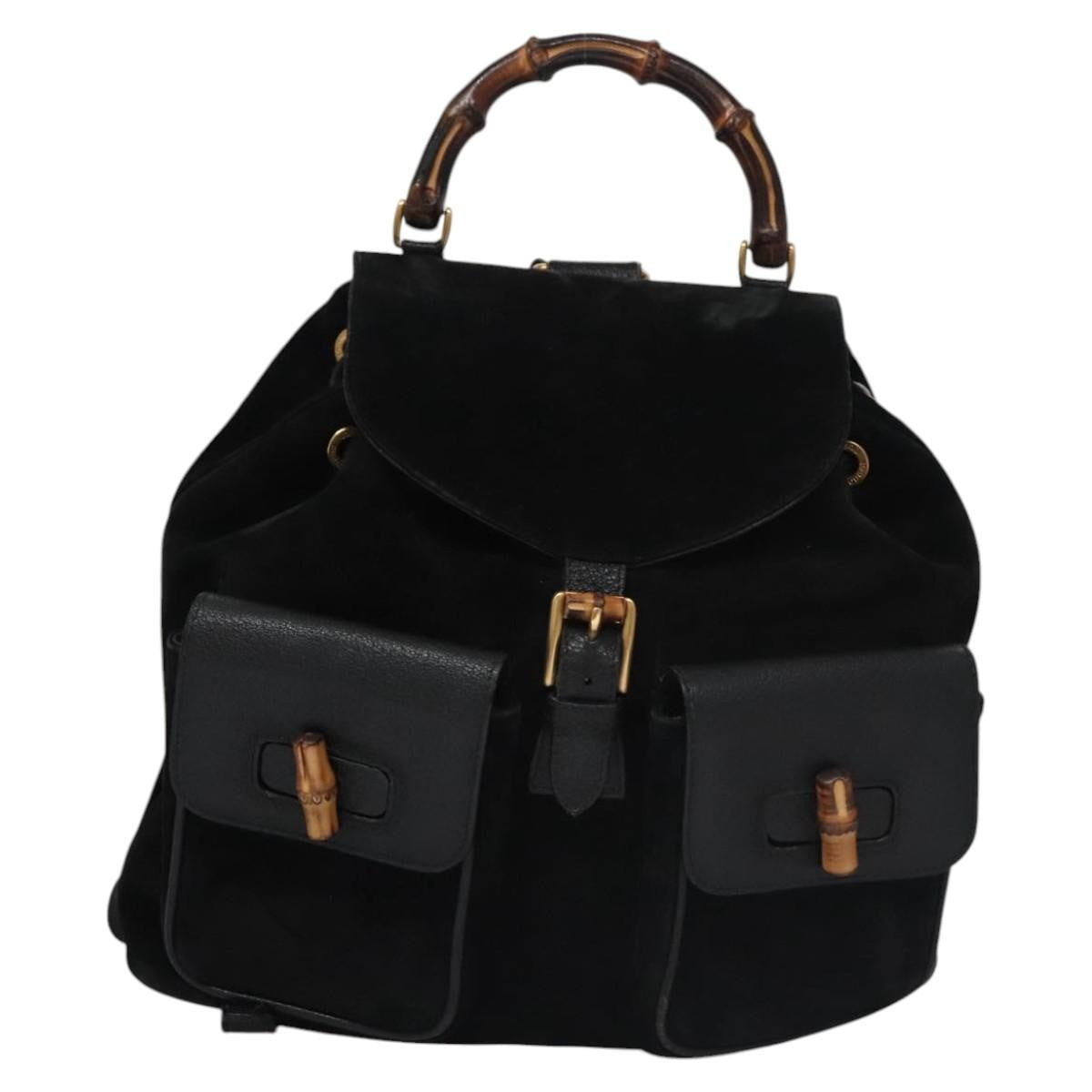 Gucci Vintage Bamboo Backpack Suede Black Suede Backpack Bag (Authentic  )