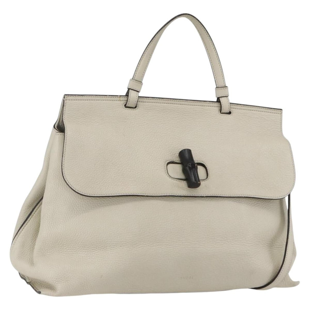 Gucci Bamboo Daily Top Handle Bag Leather White Leather Handbag (Authentic  )