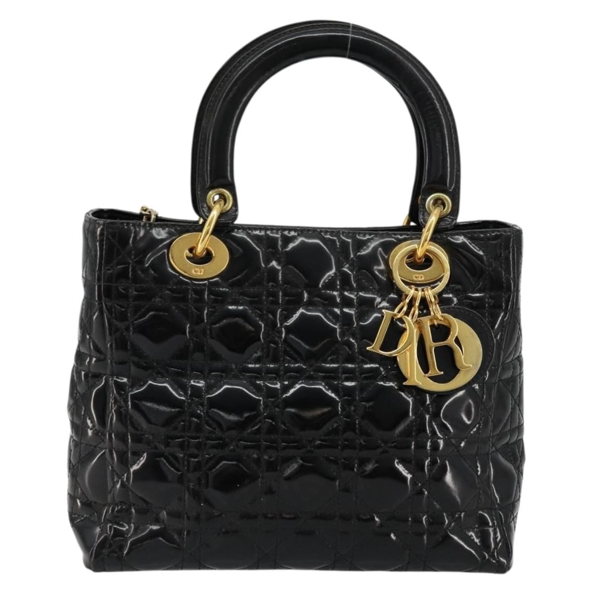 Christian Dior Vintage Lady Dior Bag Cannage Quilt Patent Black Patent_Leather Handbag ( )