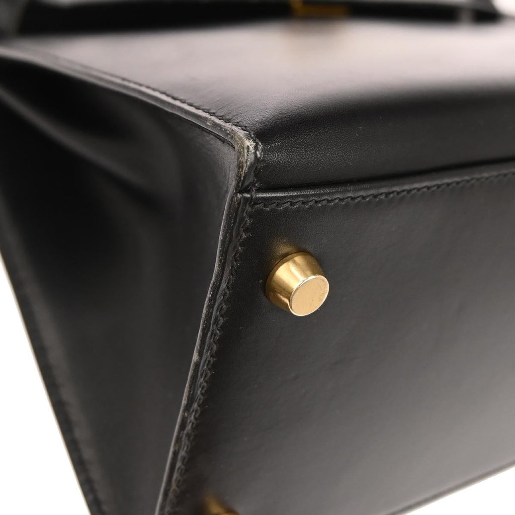 Hermes Kelly Handbag Black Box Calf With Gold Hardware Black Calfskin Handbag (Authentic  )