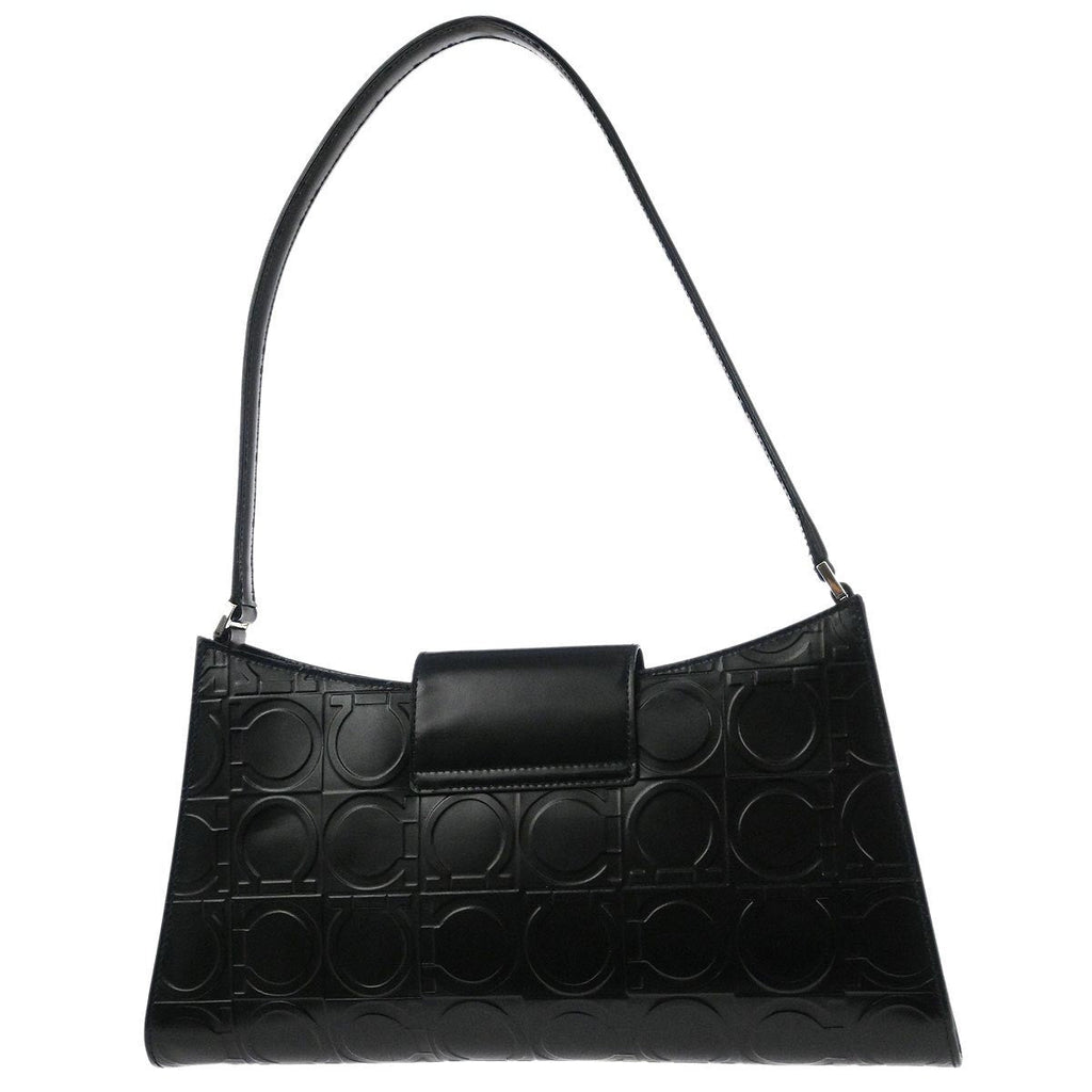 Salvatore Ferragamo Gancini Handbag Leather Black Leather Handbag (Authentic  )