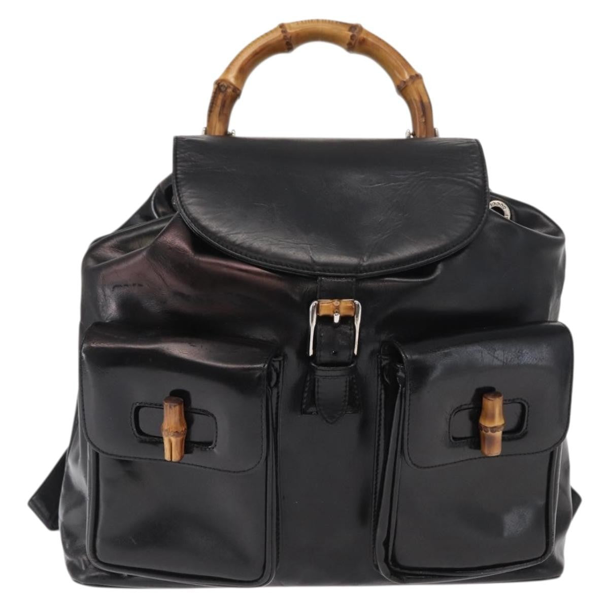 Gucci Vintage Bamboo Backpack Leather Black Leather Backpack Bag (Authentic  )