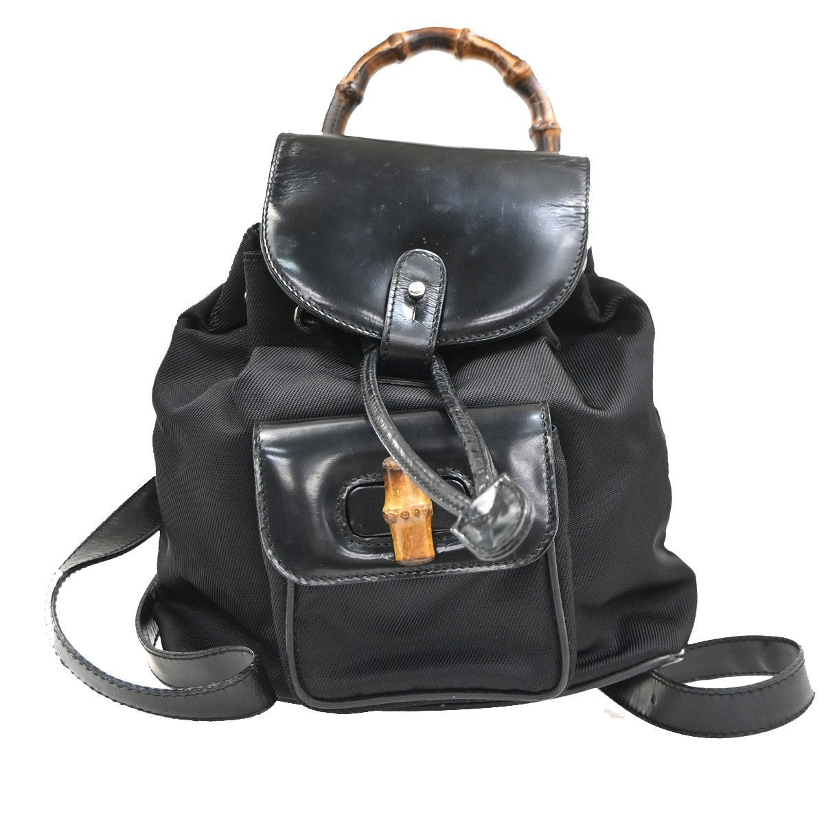 Gucci Vintage Bamboo Backpack Nylon And Patent Leather Black Nylon Backpack Bag (Authentic  )