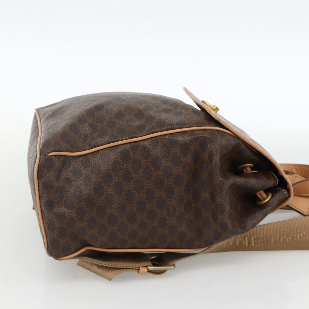 Celine Vintage Drawstring Flap Backpack Macadam Coated Canvas Brown Canvas Backpack Bag ( )