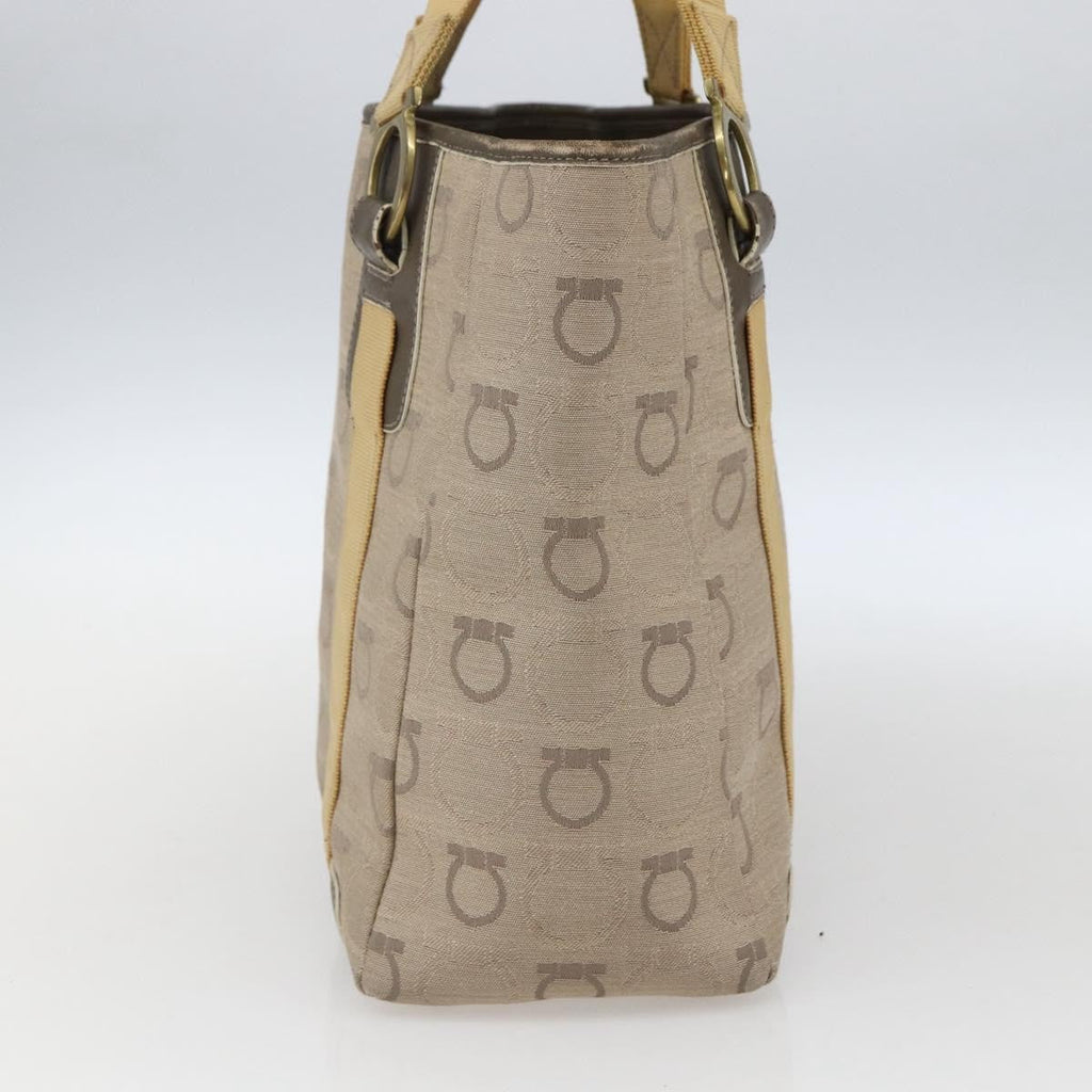 Salvatore Ferragamo Gancini Handbag Canvas Beige Canvas Handbag (Authentic  )