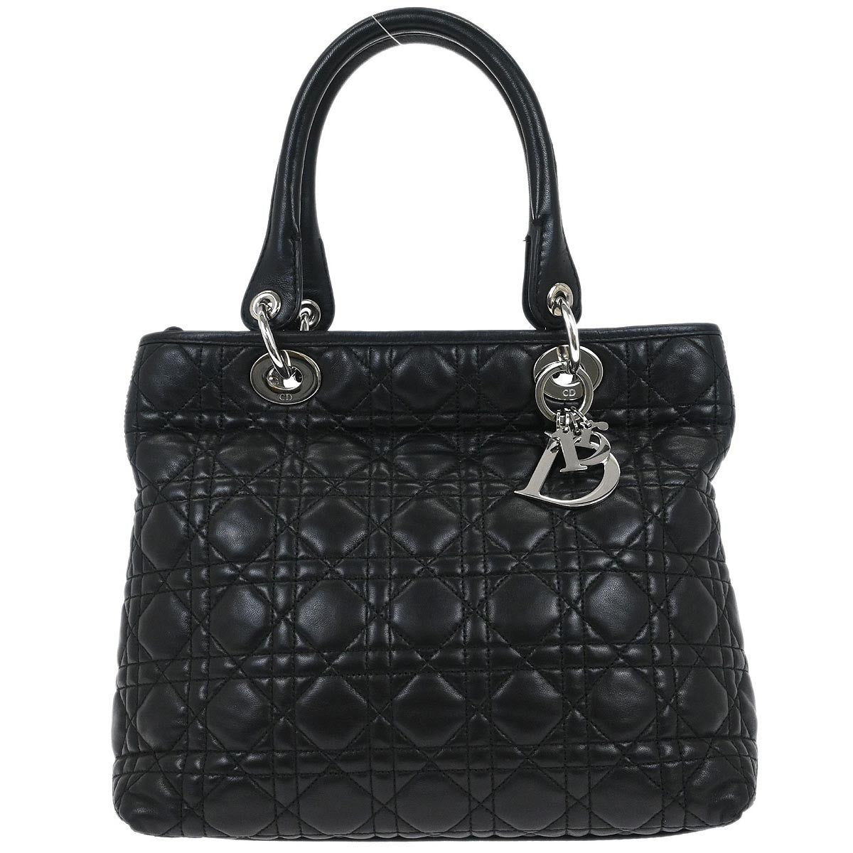 Christian Dior Vintage Lady Dior Bag Cannage Quilt Lambskin Black Leather Handbag (Authentic  )