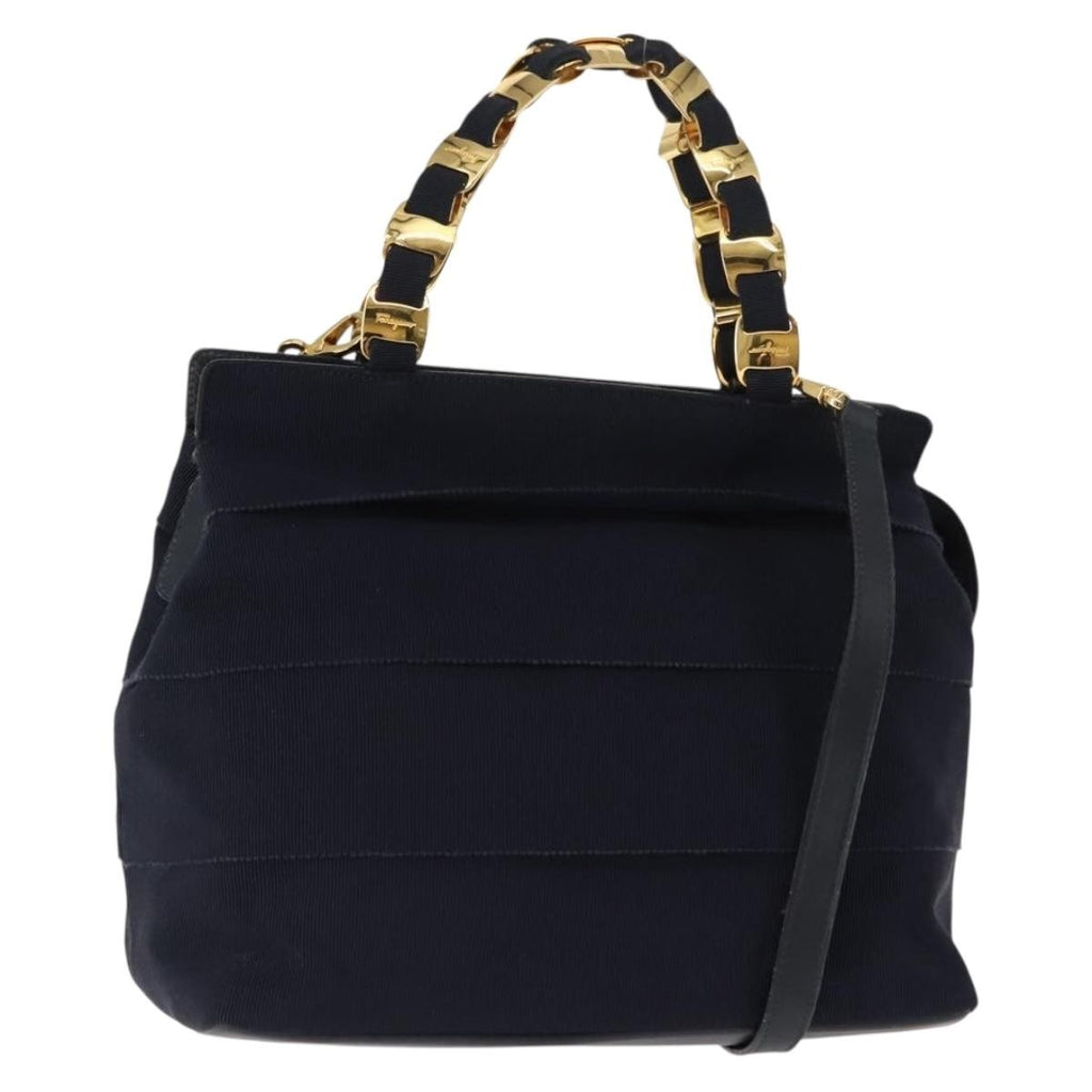 Salvatore Ferragamo Vala Handbag Canvas Navy Canvas Handbag (Authentic  )