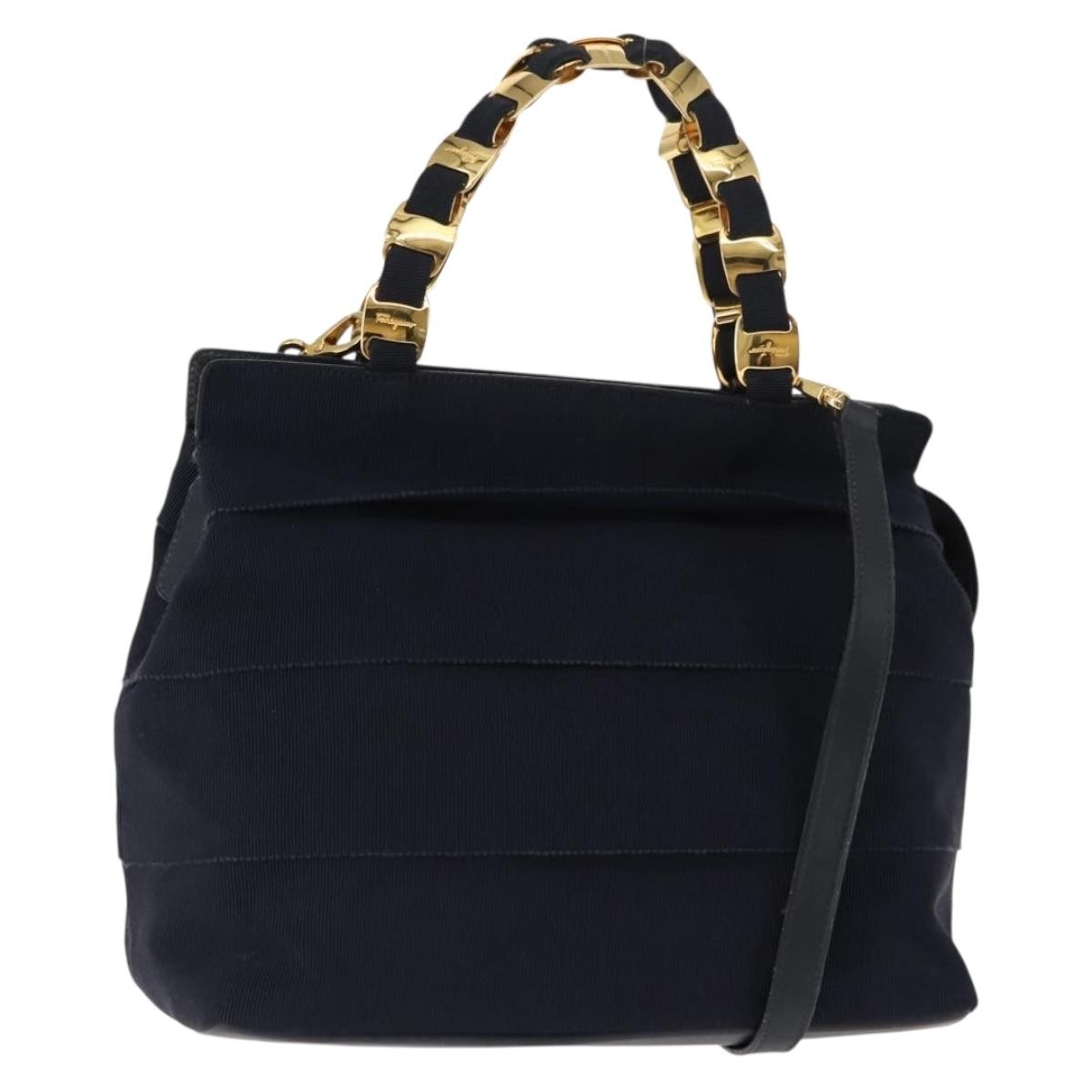 Salvatore Ferragamo Vala Handbag Canvas Navy Canvas Handbag (Authentic  )