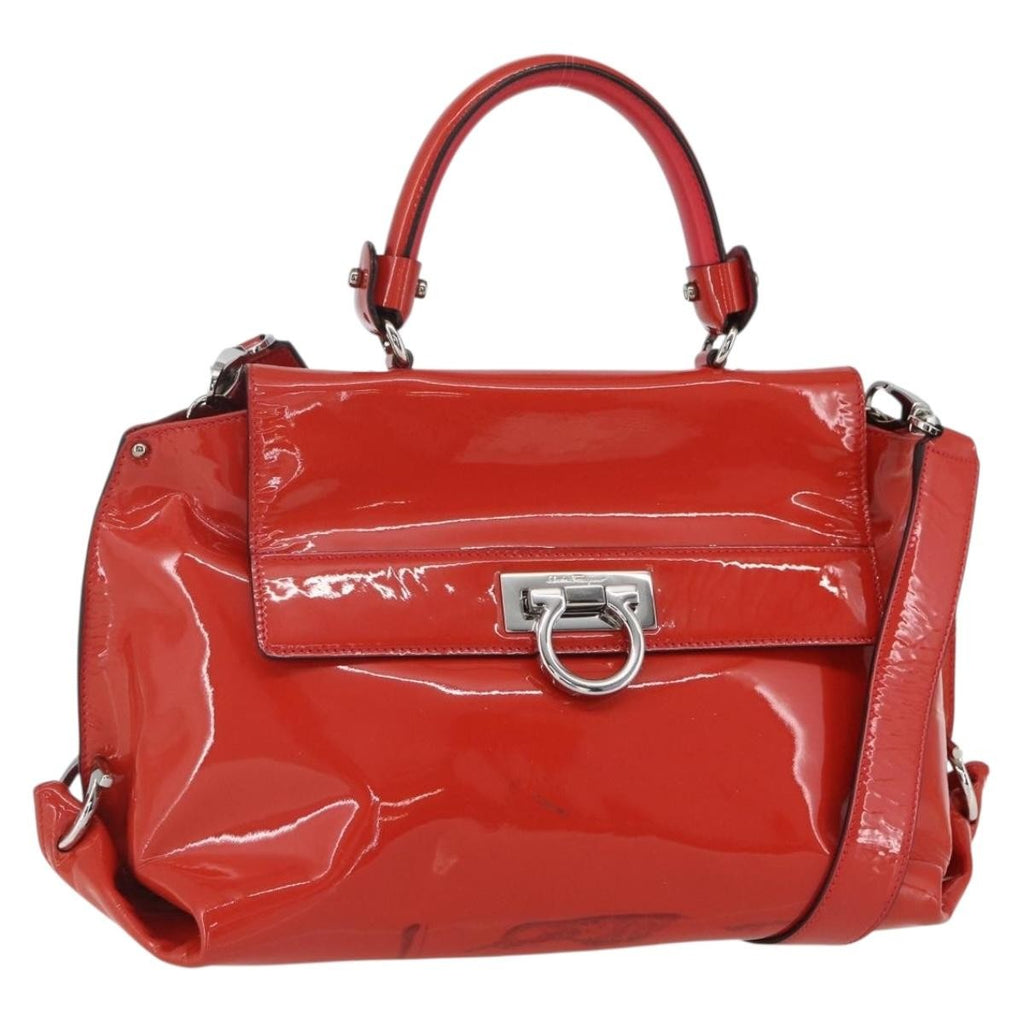 Salvatore Ferragamo Gancini Handbag Patent Leather Red Patent_Leather Handbag (Authentic  )