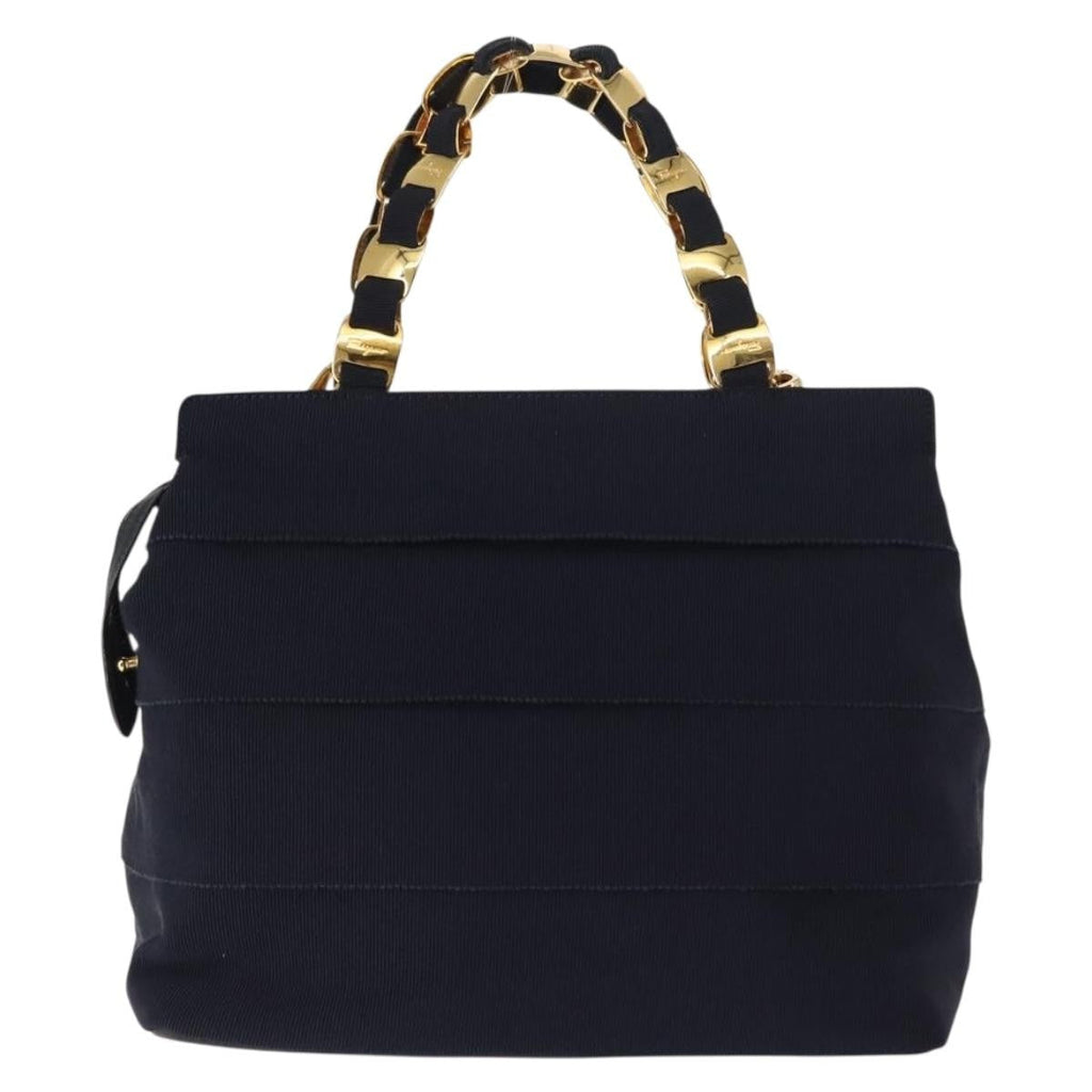 Salvatore Ferragamo Vala Handbag Canvas Navy Canvas Handbag (Authentic  )
