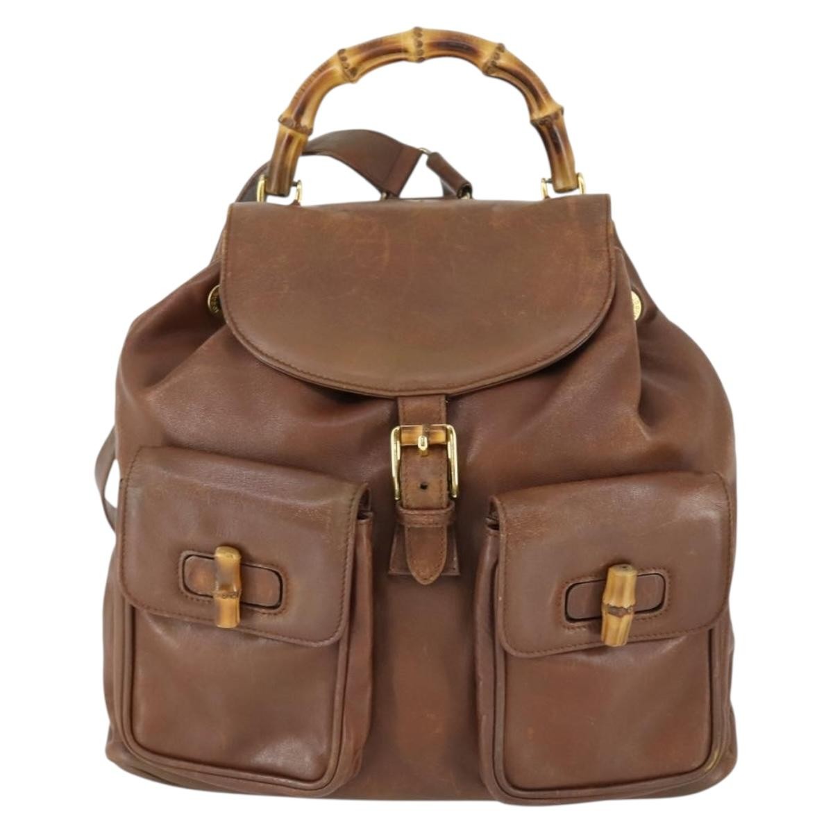 Gucci Vintage Bamboo Backpack Leather Brown Leather Backpack Bag (Authentic  )
