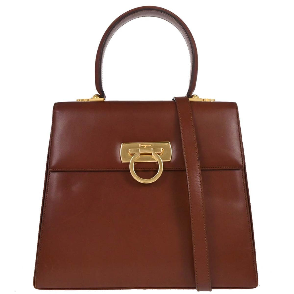 Salvatore Ferragamo Gancini Convertible Top Handle Bag Leather Brown Leather Handbag (Authentic  )