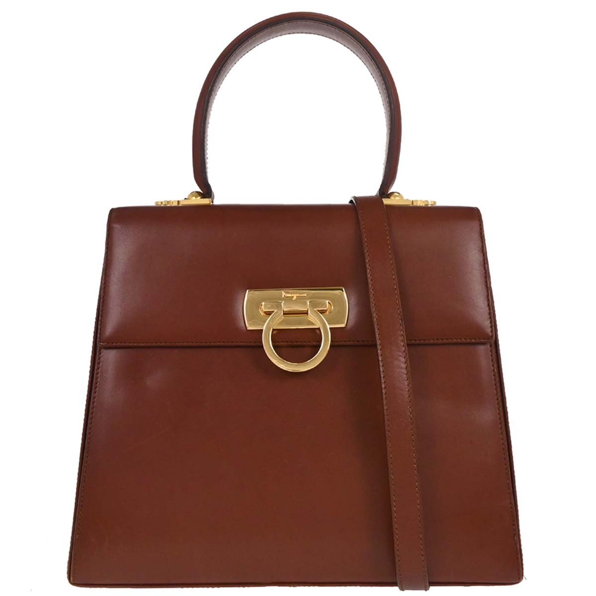 Salvatore Ferragamo Gancini Convertible Top Handle Bag Leather Brown Leather Handbag (Authentic  )