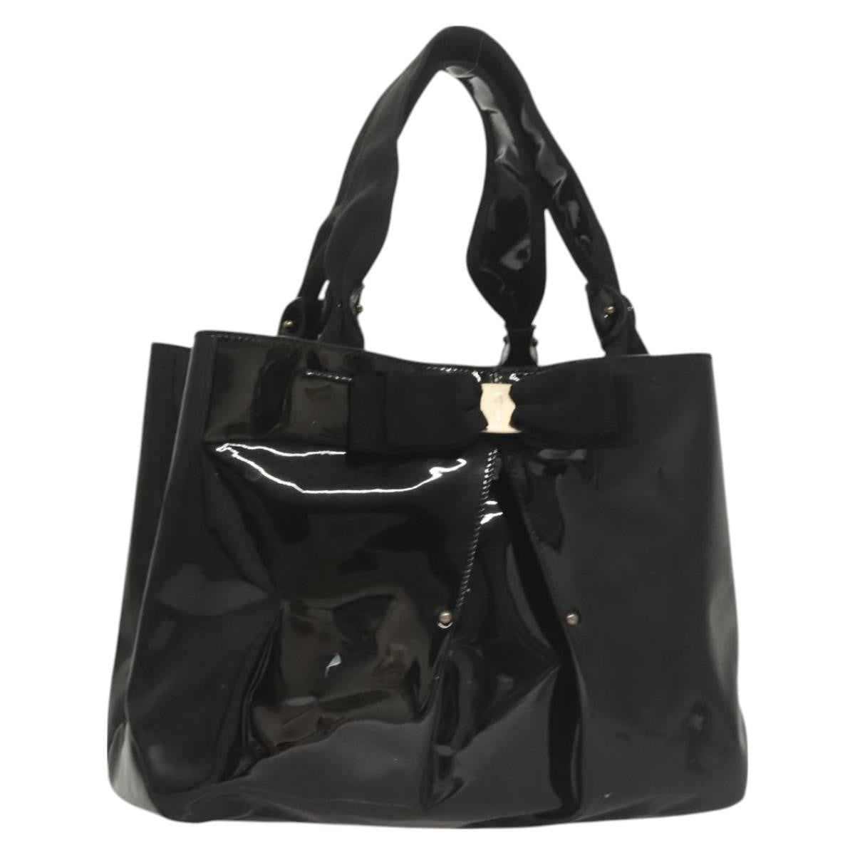 Salvatore Ferragamo Vala Handbag Patent Leather Black Patent_Leather Handbag (Authentic  )