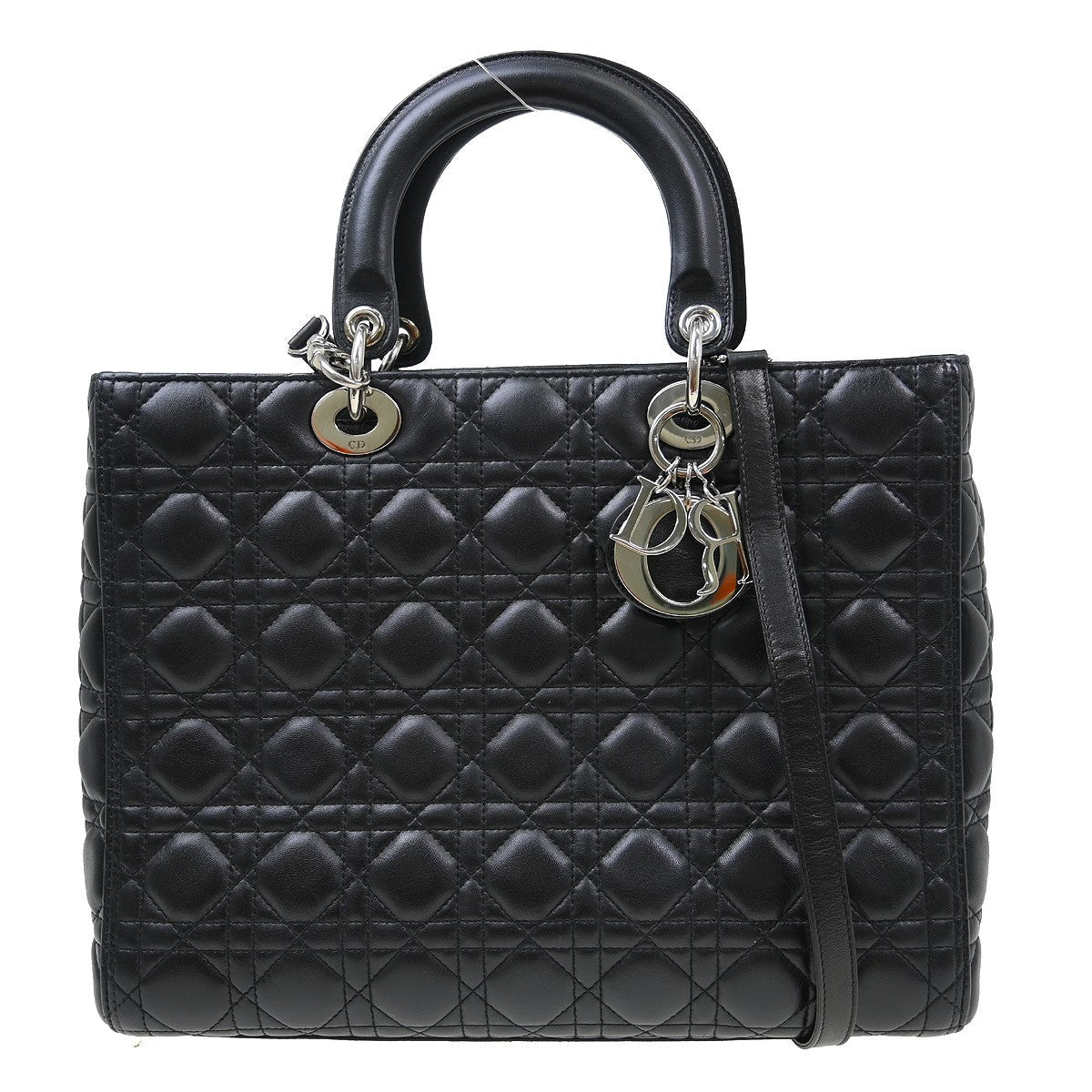 Christian Dior Vintage Lady Dior Bag Cannage Quilt Lambskin Black Leather Handbag ( )